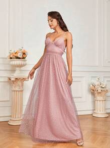 SHEIN Belle Váy phù dâu Với Lung linh Long lanh Lưới , Eo Ruched , Kết cườm Đồ trang trí Và Dây đai - Bụi hồng - Xem 6