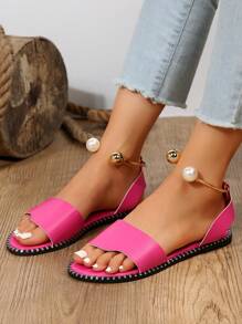 全新夏季纯色休闲时尚金属仿珍珠扣装饰平底凉鞋 女式情人节款 - 玫紅色 - 查看 3