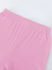 SHEIN LUNE 女士純色肋紋喇叭褲,適用於休閒場合 - 粉色 - 查看 4