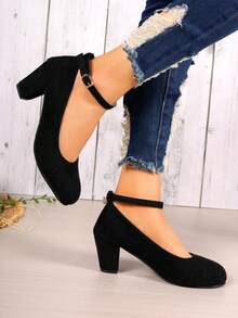 女性圓頭踝帶高跟鞋,時尚百搭 - 黑色 - 查看 2