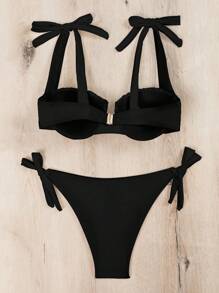 Swim Vcay Bộ Bikini Xếp Ly Màu Trơn Đi Biển Mùa Hè Cho Nữ - màu đen - Xem 6