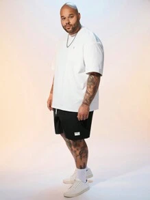 EASEVO Men's Plus Size Alphabet Patch Woven Casual Straight Shorts Baggy Drawstring Knee Plain Black Going Out