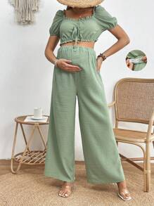 SHEIN Maternity Solid Color Short Sleeve Top With Sweetheart Neckline And Straight Pants - Olive Green - View 1