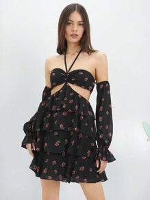 Enchnt Vestido De Mujer De Corte Ajustado Con Cuello Halter Y Huecos - Negro - Ver 3