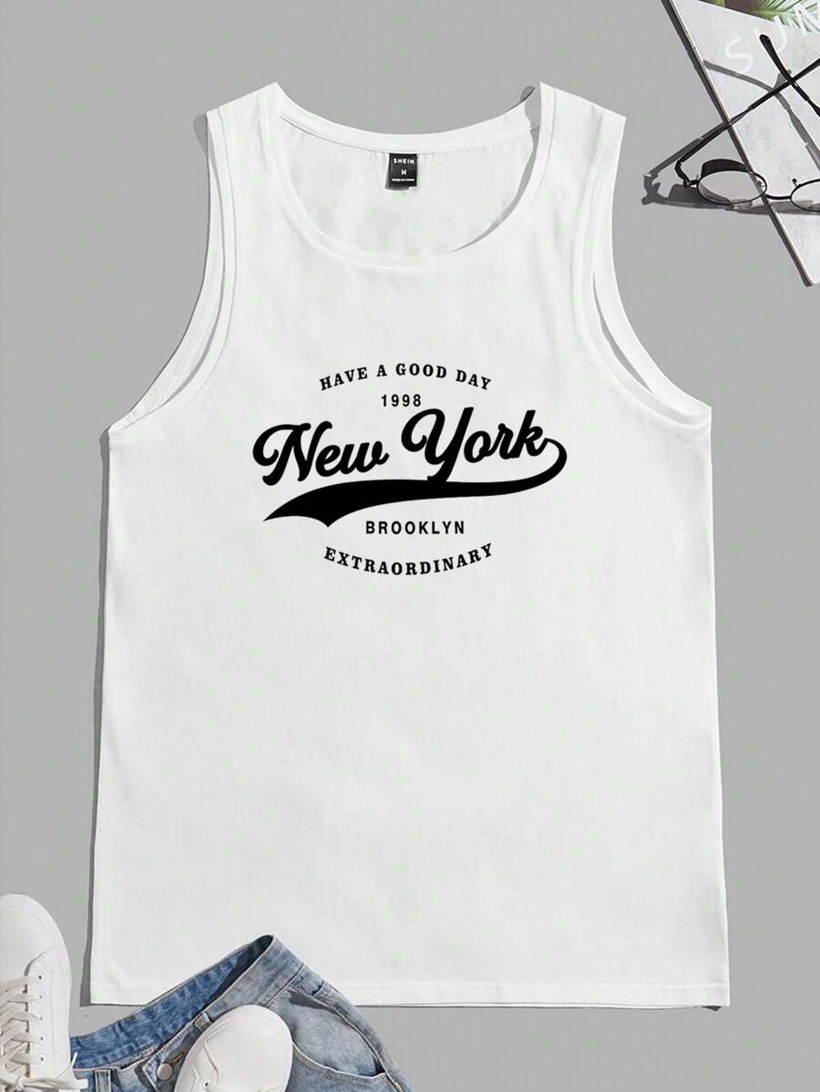 Aesthetic Post--Men's White Knitted Round Neck Summer Tank Top With Letter Print - White - View 1