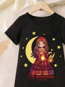 Young Girls' Cartoon Printed Short Sleeve Festival Dress - Multicolor - View 3