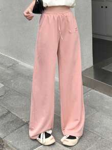 Dazy Designer Women's Pink Letter Embroidery Drawstring Waist Long Pants