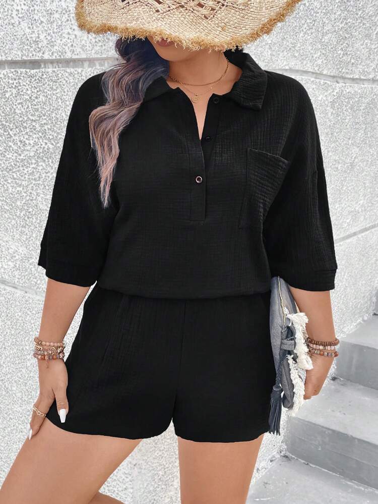 Plus Size Women's Solid Color Button Front Half Placket Top And Shorts Set