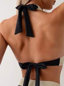 SHEIN Swim Color Block Halter Bikini Set With Woven Detachable Straps, Beach Outfit Bathing Suit Summer,Summer Beach - Black - View 4