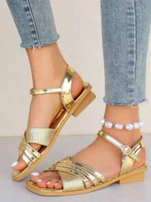 女士春季金屬裝飾平底涼鞋,金色粗底舒適多用途平底涼鞋和夏季戶外開尖平底涼鞋 - 金色 - 查看 1
