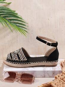 SHUZIA Giày bệt đế tròn thêu họa tiết Boho cho nữ bằng da lộn Espadrille màu đen - Phong cách & Thoải mái - màu đen - Xem 2