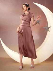 Modelyn 女式v領阿拉伯風格褶皺長裙 - 粉色 - 查看 4