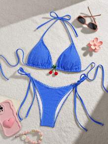 SHEIN Swim 夏日海灘格紋印花V領頸吊帶比基尼套裝，分離式設計 - 寶藍色 - 查看 1