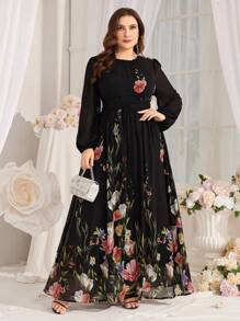 大码花卉印花灯笼袖连衣裙 - 黑色 - 查看 1