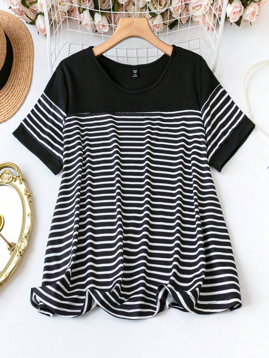 SHEIN LUNE Plus Size Women Striped Short Sleeve T-Shirt, Women Summer Top - Black and White - View 1