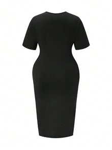 Celure Plus Size Solid Color Backless Bodycon Dress - Black - View 2