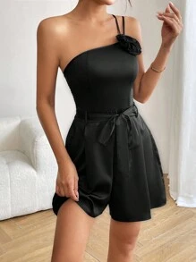 Allurite Solid Color One Shoulder Floral Detail High Waist Romper