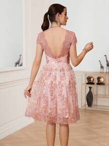 SHEIN BAE Vestido De Fiesta De Cóctel Con Cintura Ajustada Y Encaje De Patchwork - Rosa - Ver 2