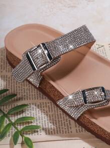 VACAZURE Women's Fashionable Flat Sandals With Rhinestone Decor Valentine's Day - Silver - View 4