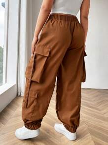 Flirla Plus Size Women's Casual Cargo Pants With Large Pockets - Brown - View 2