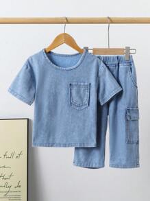 Áo sơ mi denim tay ngắn thời trang, giản dị và thoải mái cho bé trai và quần jeans có họa tiết chữ và mũ cao bồi - Rửa trung bình - Xem 1