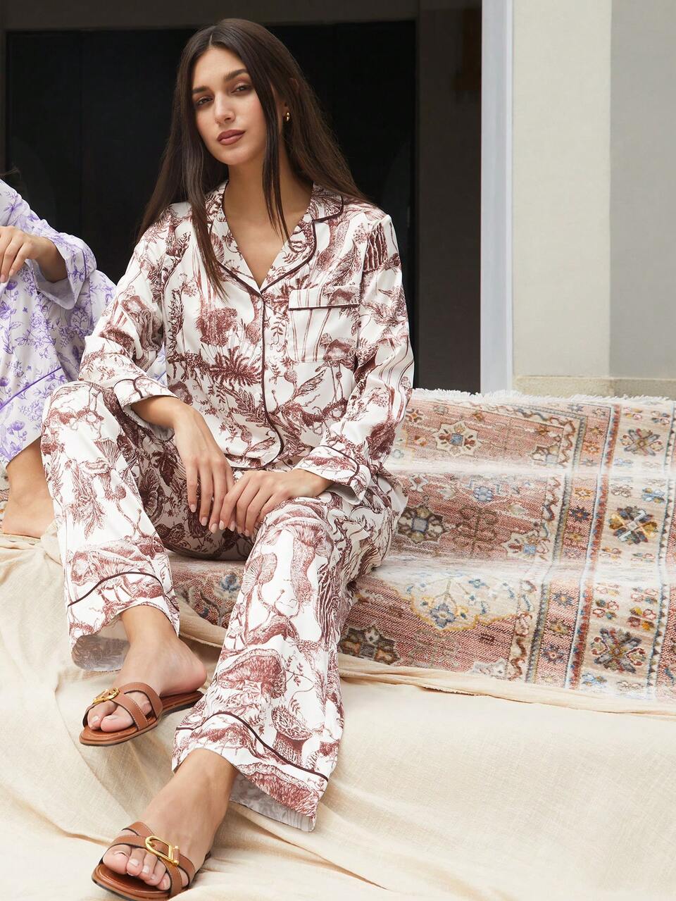 Autumn And Winter Retro Floral Satin Long Women Pajama Sets Lounge Sets For Women Fall Pajamas
