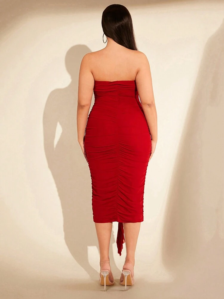 Strapless Ruffled Bodycon Midi Dress With Pleats And Front Draping Detail For Women