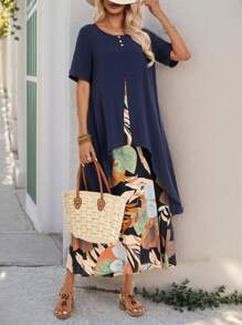 EMERY ROSE Kleid mit kurzem Arm und tropischem Pflanzenmuster, Land Maxi Kleider Sommer Rock für Frauen - marineblau - Übersicht 1