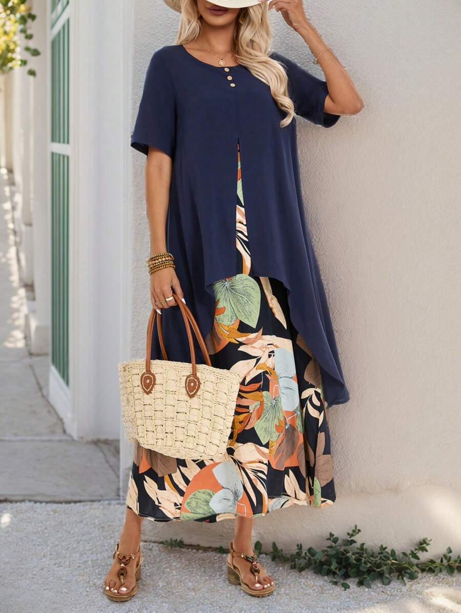 EMERY ROSE Kleid mit kurzem Arm und tropischem Pflanzenmuster, Land Maxi Kleider Sommer Rock für Frauen - marineblau - Übersicht 1