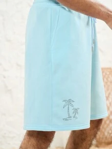 Manfinity VCAY 男士節日服裝春夏夏威夷音樂節度假活動針織休閒椰子印花藍色彈性腰短褲 - 藍色 - 查看 5