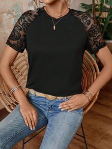 SHEIN Clasi 蕾絲拼接例插短袖棒球t恤 - 黑色 - 查看 5