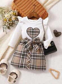 Baby Girl Heart Embroidery Ruffle Trim Tee & Plaid Print Skirt - Multicolor - View 1