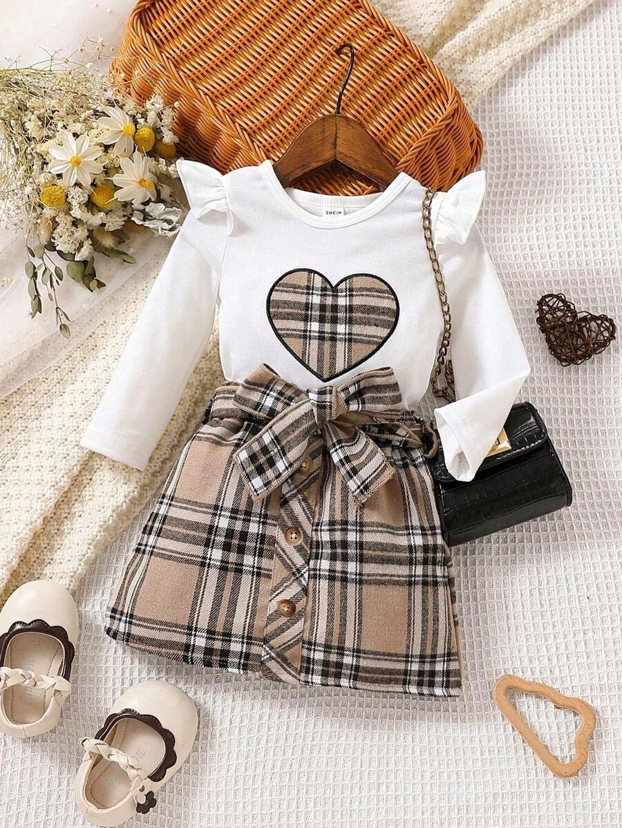Baby Girl Heart Embroidery Ruffle Trim Tee & Plaid Print Skirt - Multicolor - View 1
