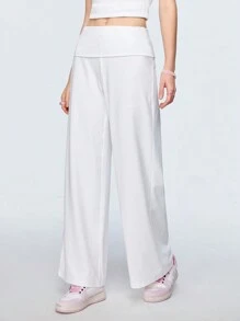 SHEIN Qutie Của phụ nữ Trắng Eo thấp Rộng chân Quần Với Gấp lại Dây thắt lưng - trắng - Xem 5