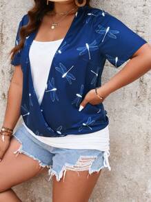 SHEIN LUNE 加大尺碼女款蜻蜓印花短袖t恤