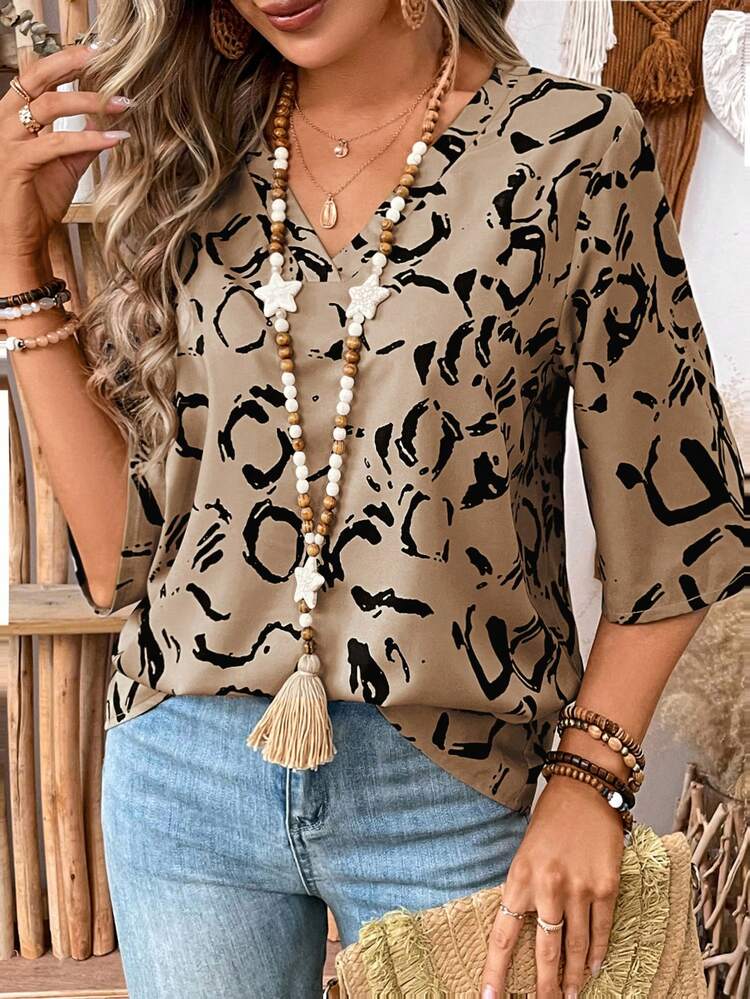 SHEIN LUNE 印花v領規格短袖襯衫 - 彩色 - 查看 4