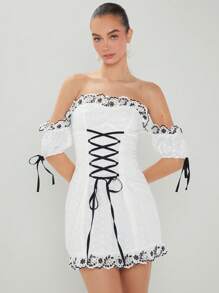 Enchnt Của phụ nữ Off-shoulder Ngắn tay Đầm Với Viền trang trí , Eo Buộc - trắng - Xem 6