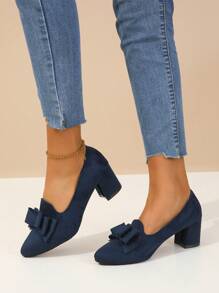 女士蝴蝶結粗跟泵鞋,中跟、防滑軟底工作鞋,舒適四季女鞋、懶人鞋 - 藍色 - 查看 5