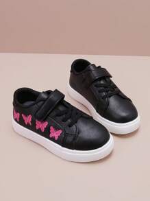 Girls' Sports Shoes, Pink Butterfly Embroidered Black Flat Casual Shoes - Black - View 2