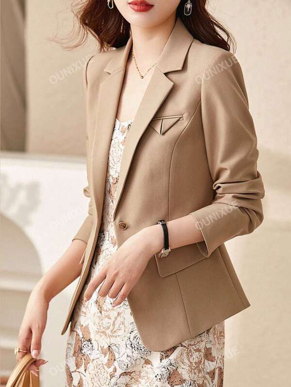 1pc Fashionable & Intellectual Solid Color Simple Lapel Suit Coat For Spring And Autumn Commute