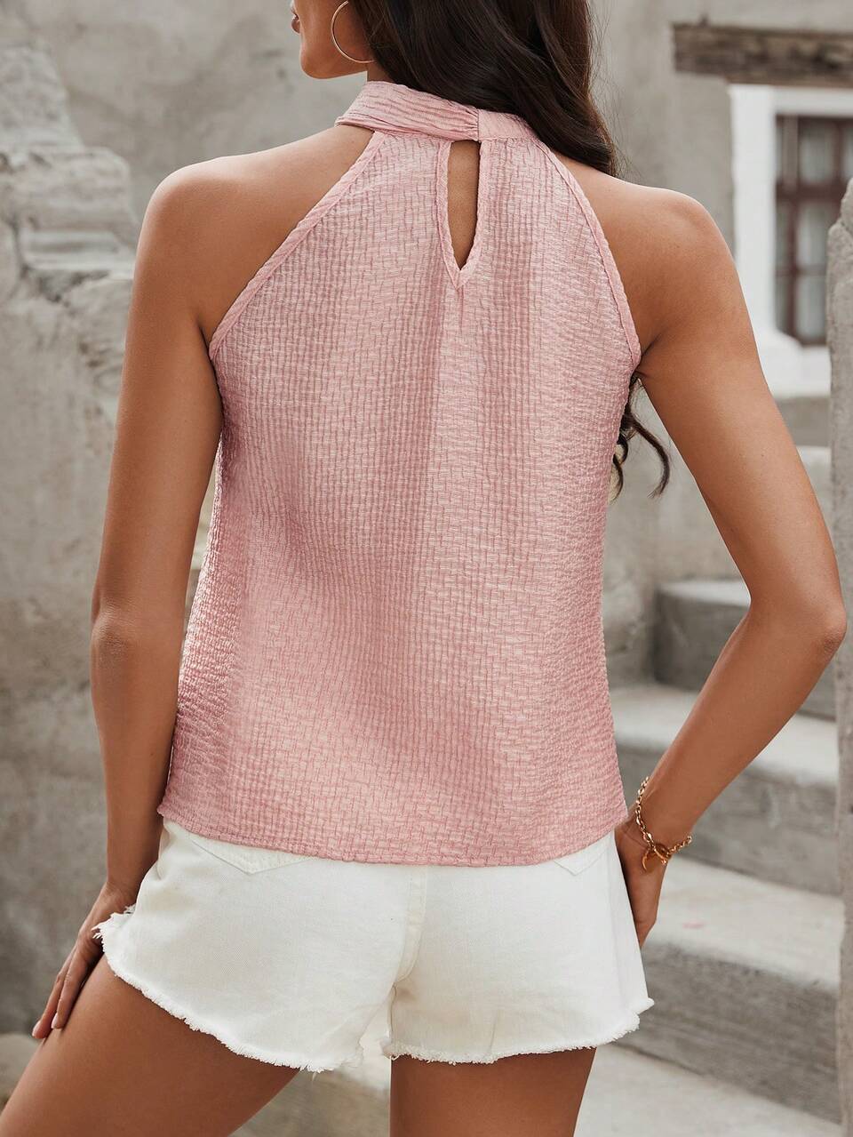 Solid Texture Knotted Front Sleeveless Shirt