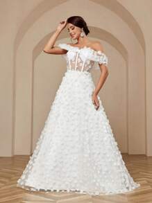 SHEIN Belle Women's Elegant Romantic Wedding Dress With Applique Bowknot Three-Dimensional Flower Color Block Design Puffy Dress And Off Shoulder