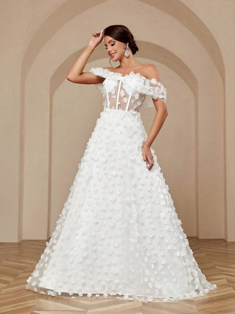 Women's Elegant Romantic Wedding Dress With Applique Bowknot Three-Dimensional Flower Color Block Design Puffy Dress And Off Shoulder