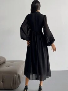 Firerie Ladies' Solid Color Lantern Sleeve Waist Belted Elegant Dress