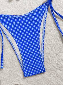 SHEIN Swim 夏日海灘格紋印花V領頸吊帶比基尼套裝，分離式設計 - 寶藍色 - 查看 4