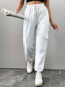 RueChic Women's Solid Color Drawstring Waist Cargo Pants - White - View 4