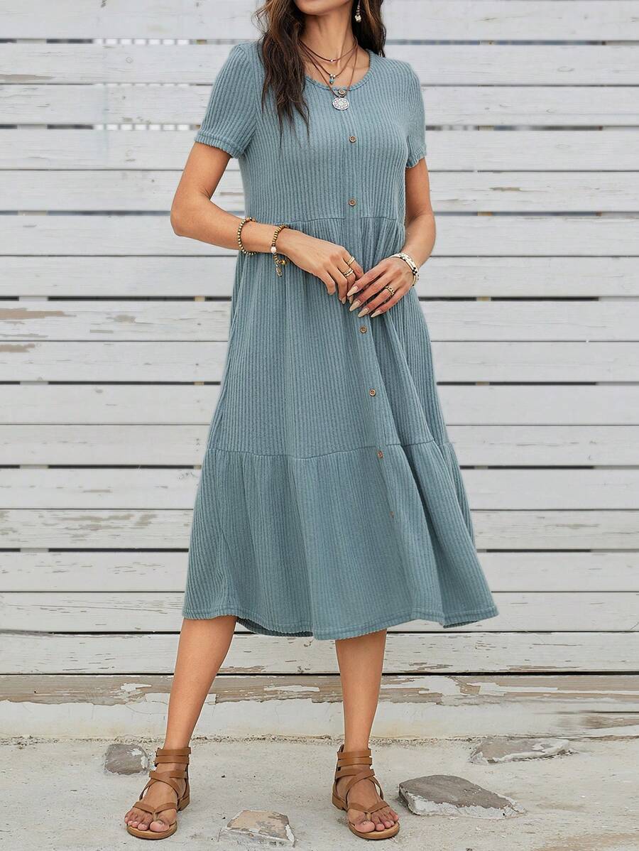 EMERY ROSE Knitted Kleid Mit Rüschensaum, Knopfleiste Und Rundhalsausschnitt In Einfarbigem Design Für Frauen - Grün - Übersicht 1