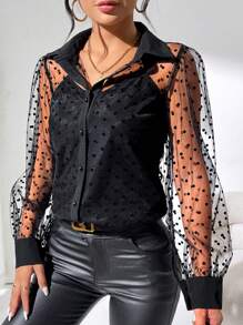 Chiquease Của phụ nữ Chấm bi Lưới Tay áo dài Áo sơ mi - màu đen - Xem 5