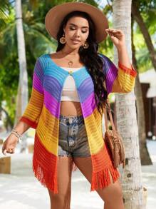 SHEIN LUNE Plus Size Women's Colorful Striped Button Up Cardigan - Multicolor - View 1