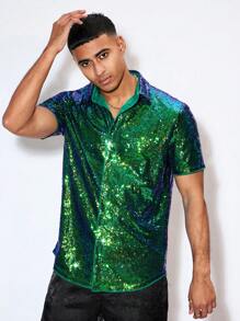 GENTILAND Men's Sequin Short Sleeve Shirt - Green - View 4